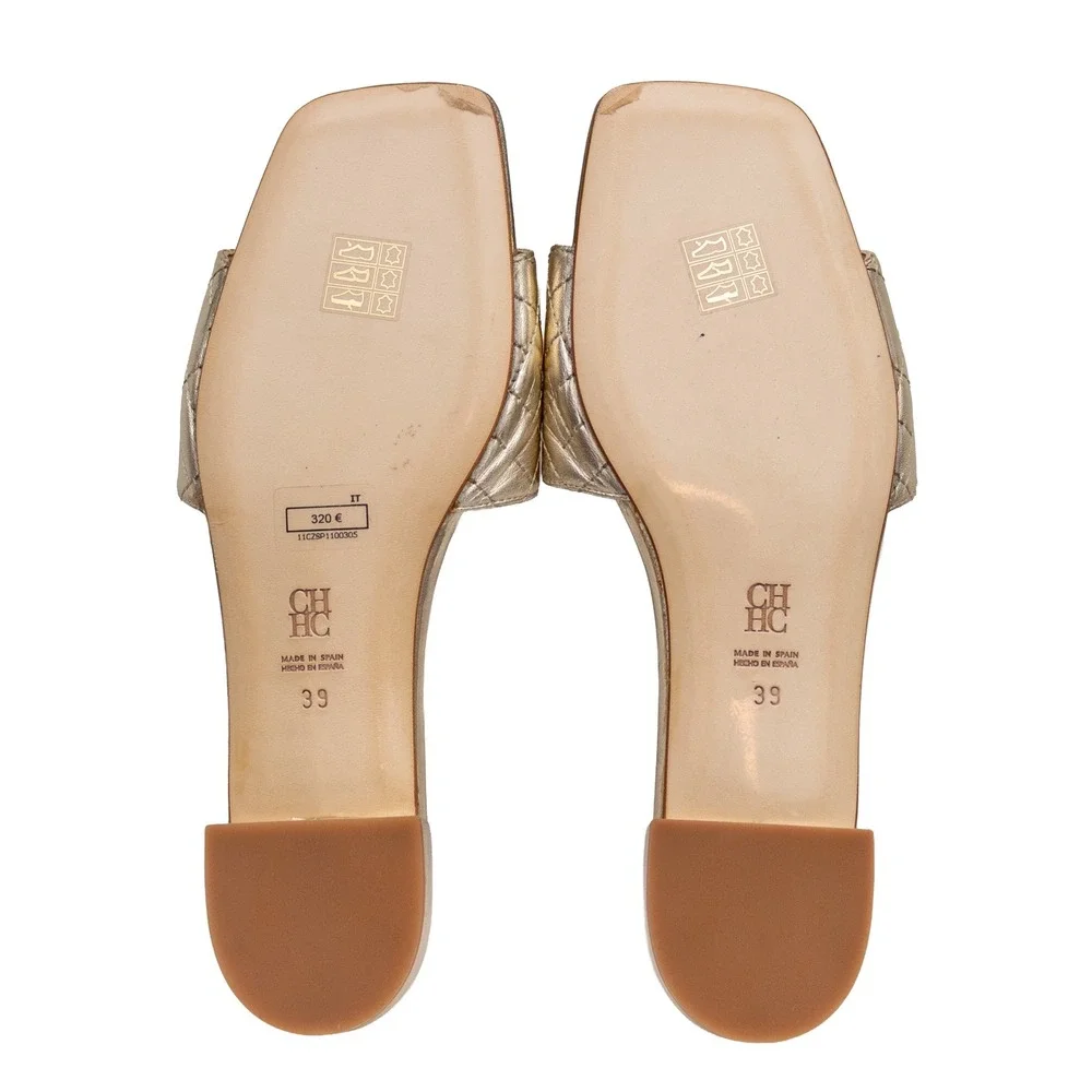 Carolina Herrera CH Gold Quilted Leather Slide Sandals Women's EU 39 US 8.5